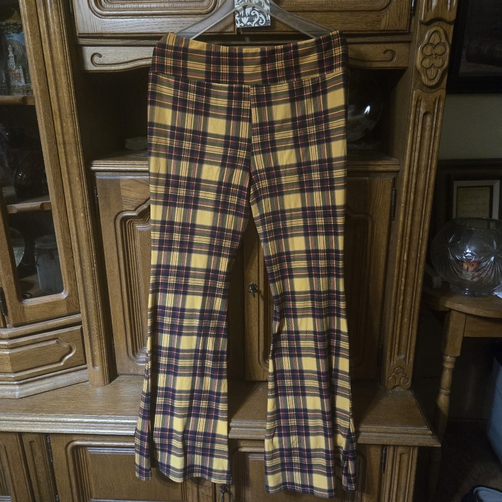 Yellow Plaid Flare Leg Pants by No Boundaries Size XXXL (21)